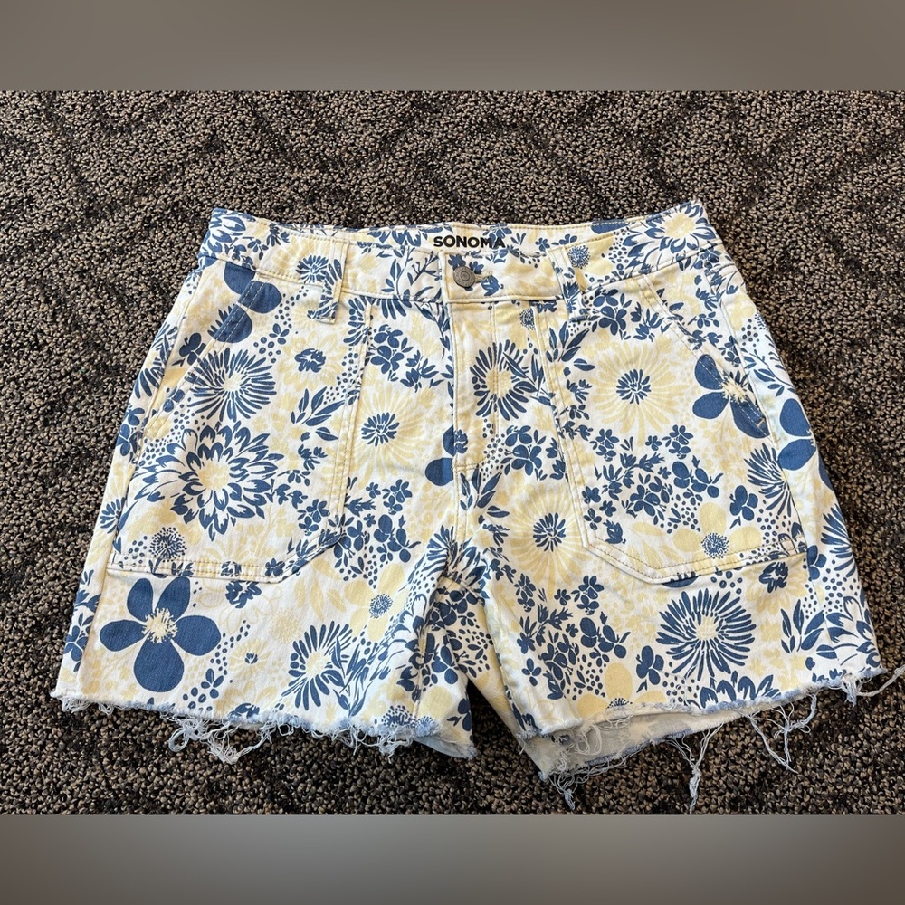 Sonoma yellow and blue floral raw hem denim shorts